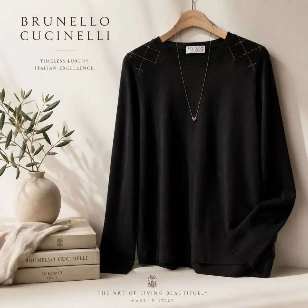 Brunello Cucinelli Cashmere Sweater Black Monili Crystal Bateau Neck L